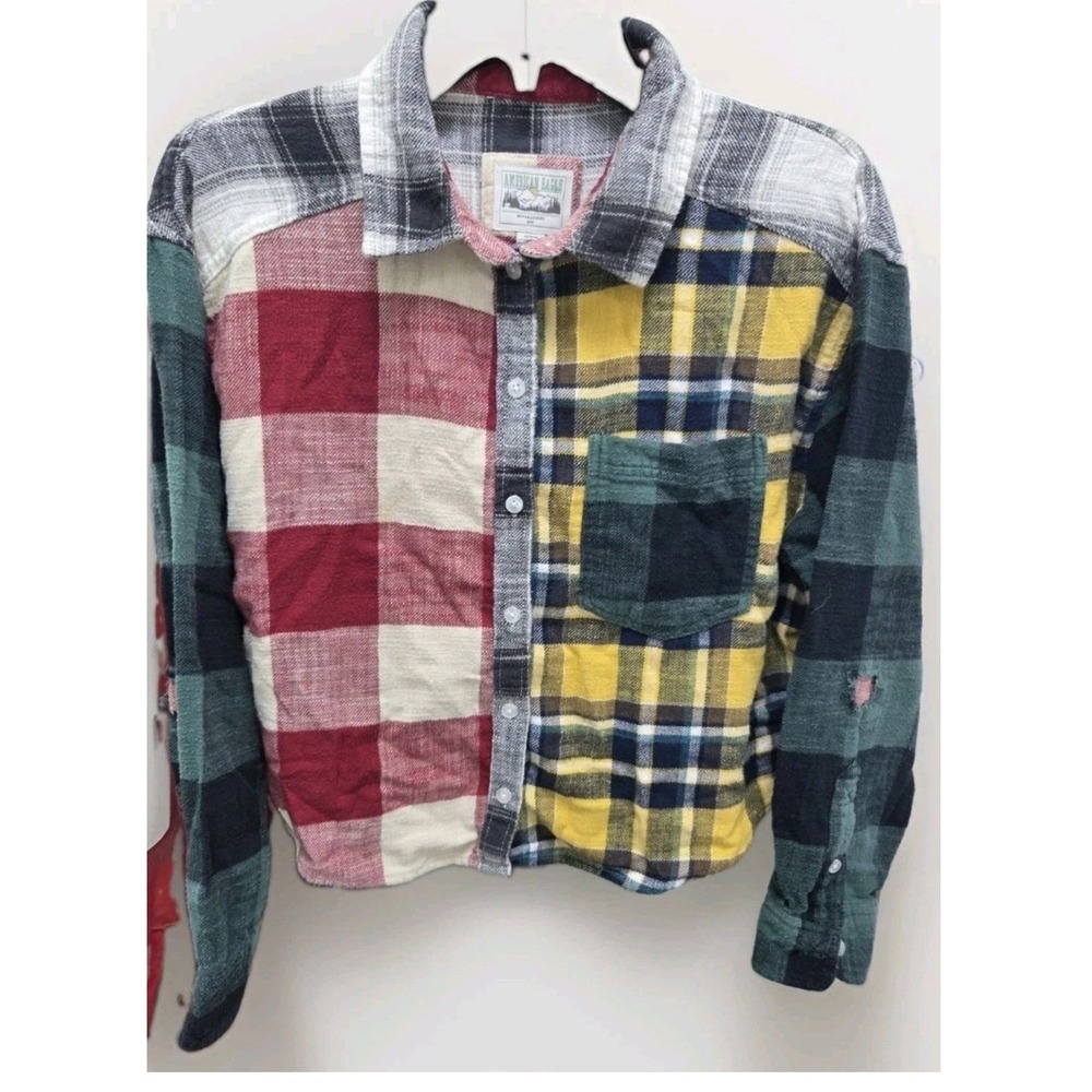 American Eagle Patchwork Plaid Flannel Button Down Shirt Multi Color Womens M